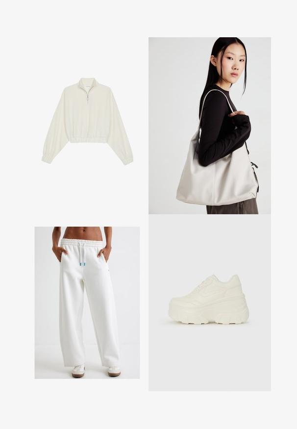 Sudadera cropped en tejido crema, con cuello alto, cierre de media cremallera, dobladillo y puños elásticos, con una textura suave y un diseño minimalista.; Sudadera blanca de pierna ancha con cintura elástica y cordón ajustable. Presenta bolsillos laterales y una textura suave. Combinada con zapatillas blancas.; Zapatillas de plataforma blancas con un upper suave similar al cuero, forma redondeada, cuello acolchado y suela de goma texturizada con surcos definidos.; Bolso de mano beige hecho de material suave, con un diseño holgado, detalles cosidos y dos asas. Adecuado para uso diario.