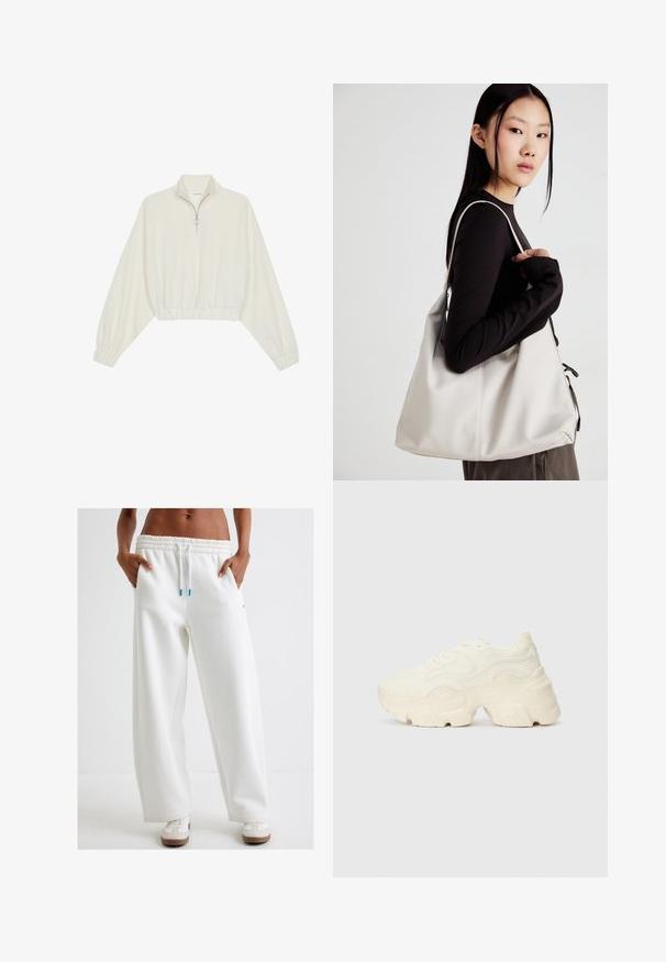 Geknipt pullover in crèmekleurige stof, met een hoge kraag, halve rits, elastische zoom en manchetten, met een soepele textuur en minimalistisch ontwerp.; Witte, ruime sweatpants met een elastische tailleband en trekkoord. Bevat zijzakken en een soepele textuur. Gecombineerd met witte sneakers.; Chunky witte sneakers gemaakt van geperforeerd mesh en synthetische materialen, met een dikke zool en ingewikkelde patroon details aan de zijkanten.; Beige handtas gemaakt van zacht materiaal, met een slonzig ontwerp, gestikte details en twee schouderbanden. Geschikt voor dagelijks gebruik.