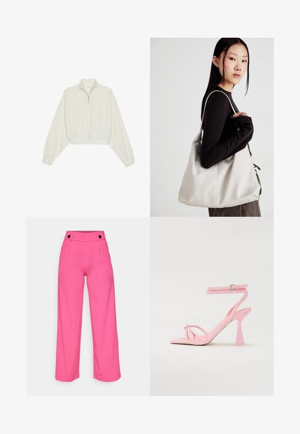 Pullover curto em tecido creme, apresentando um colarinho alto, fecho de meio zíper, bainha e punhos elásticos, com uma textura suave e design minimalista.; Calças largas cor-de-rosa brilhante com uma textura suave, apresentando uma cintura plana e dois botões pretos na frente.; Sandálias de salto rosa com design entrelaçado e fivela no tornozelo. Apresenta um elemento decorativo na ponta e um design de salto moderno e afilado.; Uma bolsa bege feita de material macio, com um design descontraído, detalhes de costura e duas alças para o ombro. Adequada para uso diário.