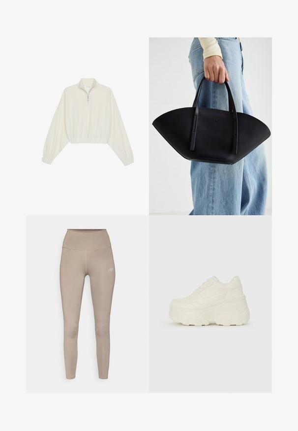 Skraćeni pulover od kremastog materijala, s visokim ovratnikom, zatvaranjem na polovicu munje, elastičnim rubom i manžetama, s glatkom teksturom i minimalnim dizajnom.; Bež legging visokog struka izrađene od rastezljivog materijala, s diskretnim akcentom logotipa i glatkom, mat teksturom.; Bijele platformske tenisice s glatkim gornjim dijelom koji nalikuje koži, zaobljenim oblikom, podstavljenim okvirom i teksturiranim gumeni potplat s definiranom profilacijom.; Crna kožna torba jedinstvenog oblika ventilatora, s ravnim ručkama. Površina ima teksturu sličnu šljunku i minimalistički dizajn.