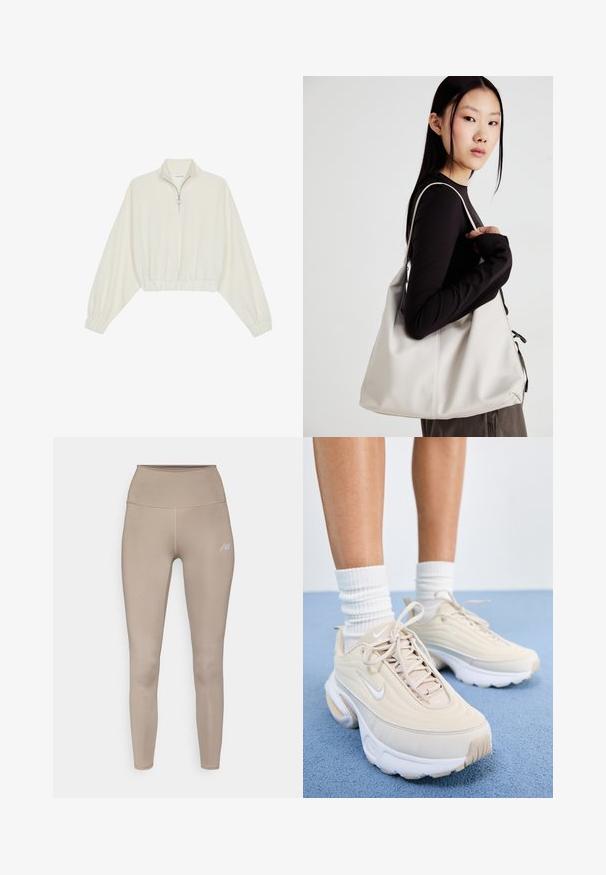 Pullover accorciato in tessuto crema, con colletto alto, chiusura a zip parziale, orlo e polsini elasticizzati, dalla texture liscia e design minimal.; Leggings beige a vita alta realizzati in materiale elasticizzato, con un discreto dettaglio del logo e una texture liscia e opaca.; Scarpe da ginnastica beige con tomaia texturizzata, lacci bianchi e una suola bianca spessa. Il design presenta curve sobrie e un piccolo logo.; Borsa a mano beige realizzata in materiale morbido, caratterizzata da un design morbido, dettagli cuciti e due manici. Adatta per l'uso quotidiano.