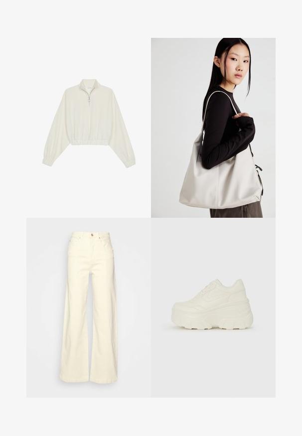 Cropped pullover in cream fabric, featuring a high collar, half-zip closure, elasticated hem and cuffs, with a smooth texture and minimal design.; Wide-leg trousers in a light cream color, made from cotton, featuring a high waist, five pockets, a button fly, and minimal stitching details.; White platform sneakers featuring a smooth leather-like upper, rounded shape, padded collar, and textured rubber sole with defined treads.; Beige handbag made of soft material, featuring a slouchy design, stitched detailing, and two shoulder straps. Suitable for everyday use.