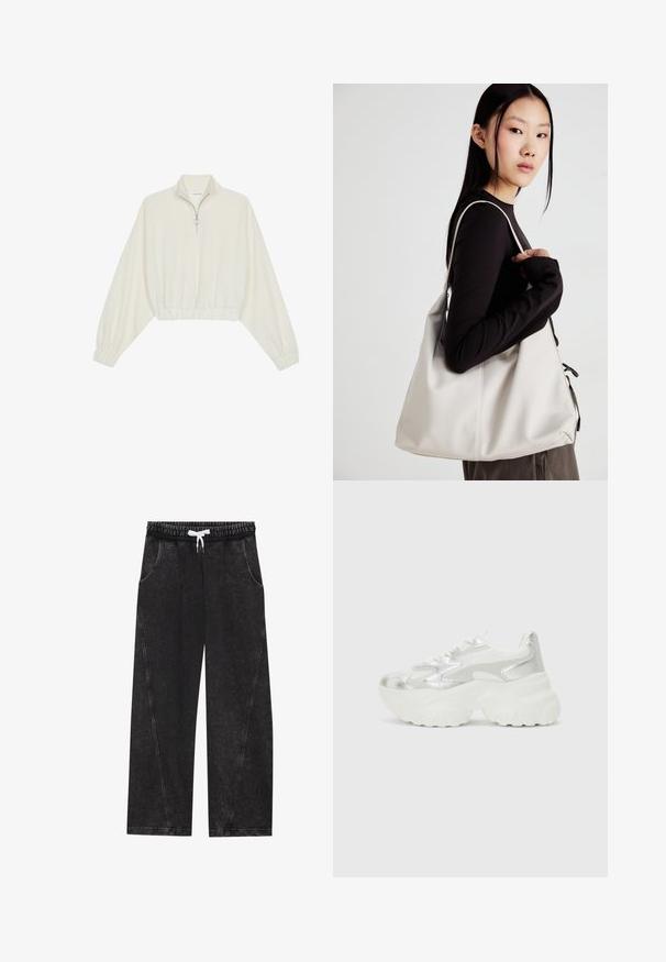 Krém színű, rövidített pulóver, magas gallérral, félig cipzáros záródással, elasztikus derék- és ujjakrésszel, sima textúrával és minimalista dizájnnal.; Fekete, széles szárú nadrág textúrált anyagból. Jellemzője a rugalmas derékpánt, fehér húzózsinórral, valamint elülső zsebek diagonális varrásokkal.; Ezüst színű sportcipő, texturált hálós felsőrésszel és irizáló díszítésekkel, tömbös fehér talppal és fűzős záródással.; Puha anyagból készült bézs kézitáska, laza dizájnnal, varrott részletekkel és két vállpánttal. Mindennapi használatra alkalmas.