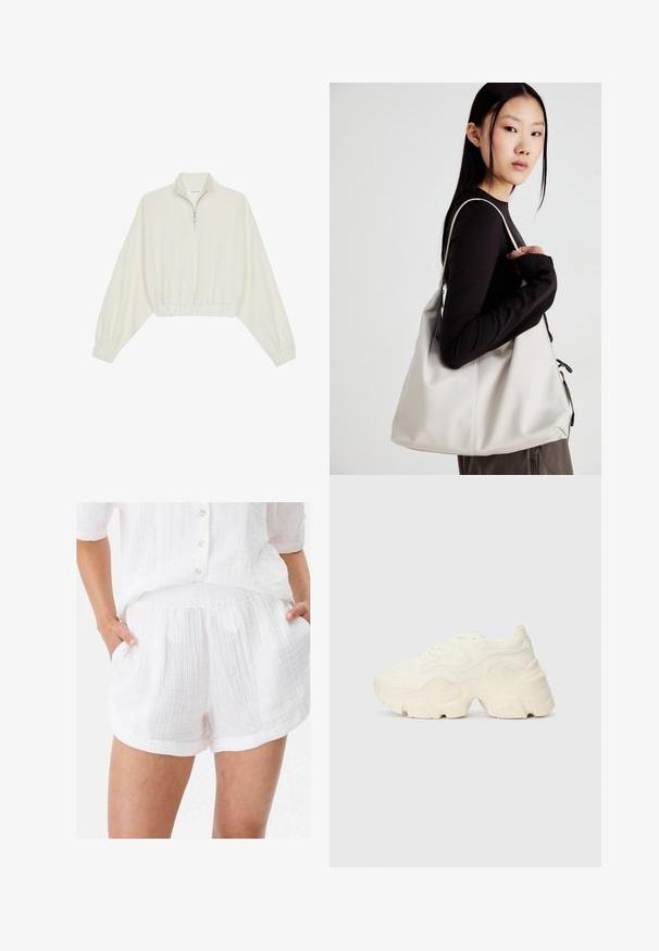 Pullover accorciato in tessuto crema, con colletto alto, chiusura a zip parziale, orlo e polsini elasticizzati, dalla texture liscia e design minimal.; Shorts bianchi in elastico texturizzato con vita elasticizzata e tasche laterali, caratterizzati da una vestibilità rilassata e orli leggermente arrotolati.; Sneakers bianchi chunky realizzati in mesh testurizzato e materiali sintetici, dotati di una suola spessa e dettagli con motivi intricati lungo i lati.; Borsa a mano beige realizzata in materiale morbido, caratterizzata da un design morbido, dettagli cuciti e due manici. Adatta per l'uso quotidiano.
