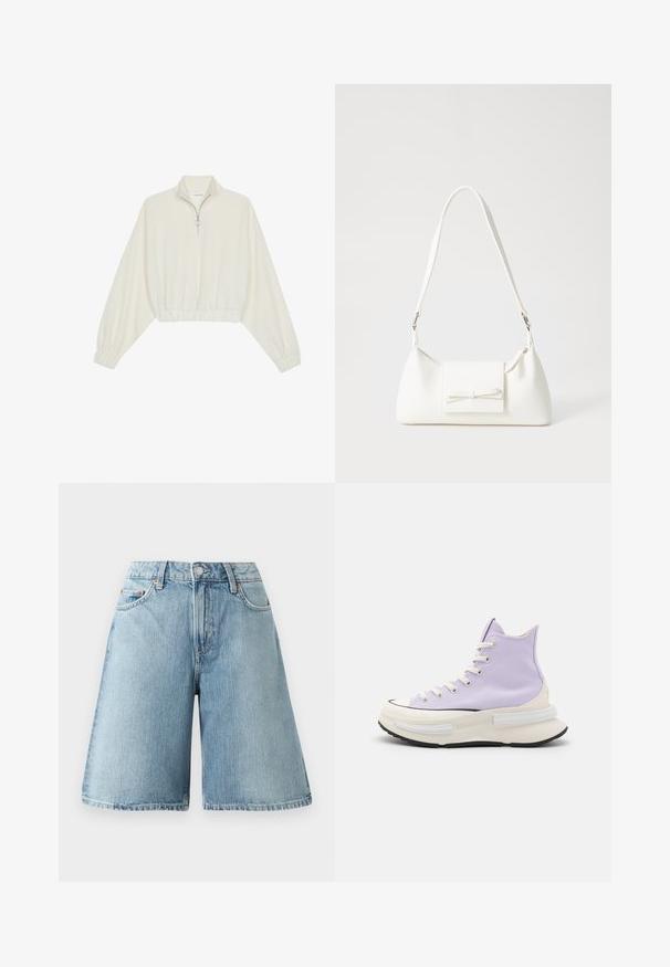Zkrácený svetr z krémové látky, který má vysoký límec, poloviční zip, elastický spodní lem a manžety, hladkou texturu a minimalistický design.; Světlé modré džíny šortky s volným střihem, středním pasem, pěti kapsami a kontrastním prošíváním. Látka má měkkou texturu.; Vysoké tenisky z světlého fialového plátna. Tlustá bílá mezipodešev s černou podrážkou. Kulatá špička a béžové tkaničky. Minimalistický design.; Bílá syntetická kabelka v trojúhelníkovém tvaru, s plochým předním klopným víkem a detailem mašle, nastavitelným popruhem, hladkým povrchem a minimalistickým designem.
