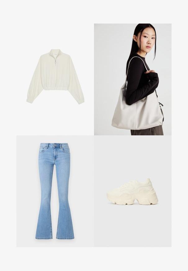 Skórzany pulower w kolorze kremowym, z wysokim kołnierzem, półzamkiem, elastycznym wykończeniem u dołu i mankietami, o gładkiej teksturze i minimalistycznym designie.; Jasnoniebieskie dżinsy dzwonowe wykonane z denimu, z dopasowanym stanem, przednimi kieszeniami i zapięciem na zamek. Charakterystyczny rozszerzany dół przy kostce.; Podeszwa chunky białych sneakersów wykonana z teksturowanej siateczki i materiałów syntetycznych, z grubą podeszwą i skomplikowanymi detalami wzoru po bokach.; Beżowa torebka wykonana z miękkiego materiału, charakteryzująca się luźnym fasonem, wyszywanymi detalami i dwoma uchwytami na ramię. Idealna na co dzień.