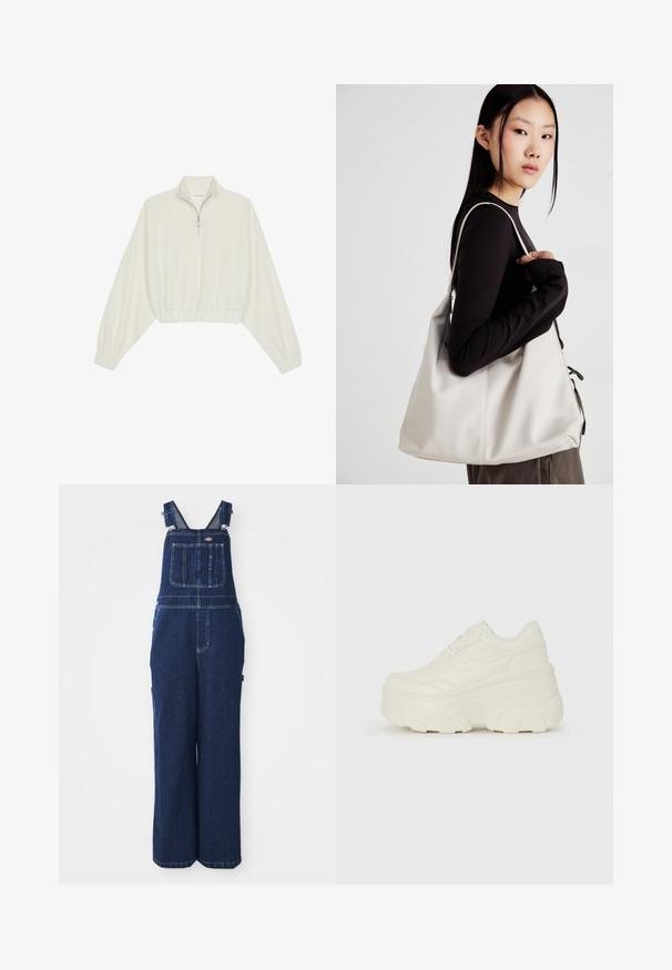 Pullover curto em tecido creme, apresentando um colarinho alto, fecho de meio zíper, bainha e punhos elásticos, com uma textura suave e design minimalista.; Mala de ganga em azul escuro, com alças ajustáveis, bolso no peito, bolsos laterais e um corte largo e solto. Detalhes de costura clássica.; Tênis brancos de plataforma com um cabedal suave semelhante a couro, formato arredondado, colarinho acolchoado e sola de borracha texturizada com ranhuras bem definidas.; Uma bolsa bege feita de material macio, com um design descontraído, detalhes de costura e duas alças para o ombro. Adequada para uso diário.