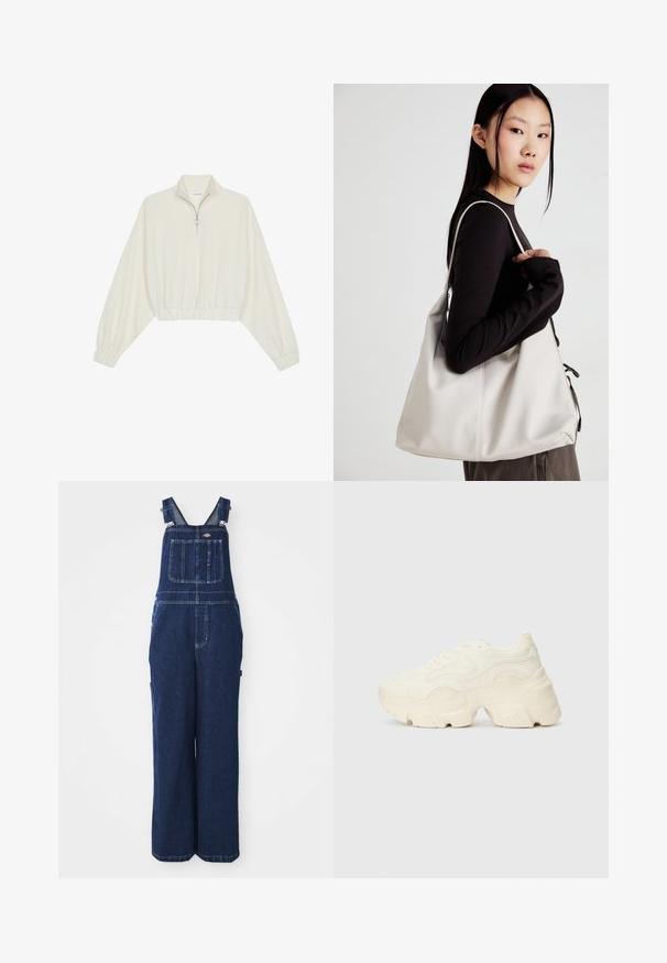 Kratka pulover v kremnem blagu, z visokim ovratnikom, pol-zadrgo, elastičnim robom in manšetami, z gladko teksturo in minimalističnim oblikovanjem.; Denim kombinezon v temno modri barvi, z nastavljivimi naramnicami, žepom na prsih, stranskima žepoma in ohlapnim širokim krojem. Klasične podrobnosti šivanja.; Debele bele športne copate, izdelane iz teksturirane mrežaste in sintetične materialov, z debelim podplatom in zapletenimi vzorčičnimi detajli ob straneh.; Bežna torbica iz mehkega materiala, z ohlapno zasnovo, šivi in dvema naramnicama. Primerna za vsakodnevno uporabo.
