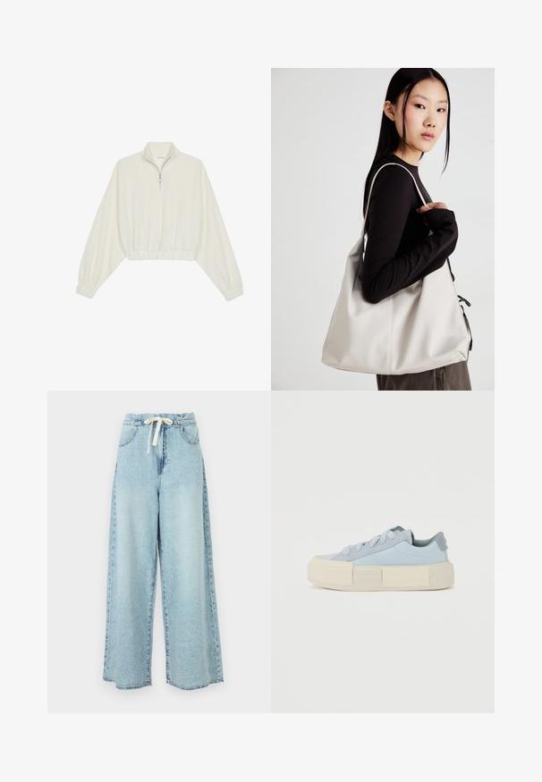 Cropped pullover in cream fabric, featuring a high collar, half-zip closure, elasticated hem and cuffs, with a smooth texture and minimal design.; Light blue wide-leg jeans with an elastic waistband and a drawstring. Features traditional pockets and faded denim texture.; Light blue canvas sneakers with a thick cream-colored rubber sole, featuring round laces, and a smooth textured design with small accents.; Beige handbag made of soft material, featuring a slouchy design, stitched detailing, and two shoulder straps. Suitable for everyday use.