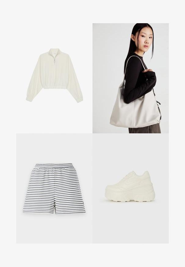 Cropped pullover in cream fabric, featuring a high collar, half-zip closure, elasticated hem and cuffs, with a smooth texture and minimal design.; Striped shorts featuring a white and navy color scheme, elastic waistband, soft cotton material, and a relaxed fit.; White platform sneakers featuring a smooth leather-like upper, rounded shape, padded collar, and textured rubber sole with defined treads.; Beige handbag made of soft material, featuring a slouchy design, stitched detailing, and two shoulder straps. Suitable for everyday use.