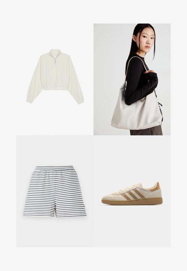 Kreptais pusītes džemperis krēmkrāsā, ar augstu apkakli, puszipa aizdari, elastīgu apakšmalu un aprocēm, ar gludu tekstūru un minimālistisku dizainu.; Svītraini šorti ar baltu un tumši zilu krāsu shēmu, elastīgu vidukli, mīkstu kokvilnas audumu un brīvu piegriezumu.; Beige zamšas tenisu ar gaiši brūniem akcentiem. Iezīmē trīs brūnas svītras, teksturēta gumijas zole un noapaļota purngala dizains.; Bežs rokassoma, izgatavota no mīksta materiāla, ar brīvu dizainu, izšūtu apdari un divām plecu siksnām. Piemērota ikdienas lietošanai.