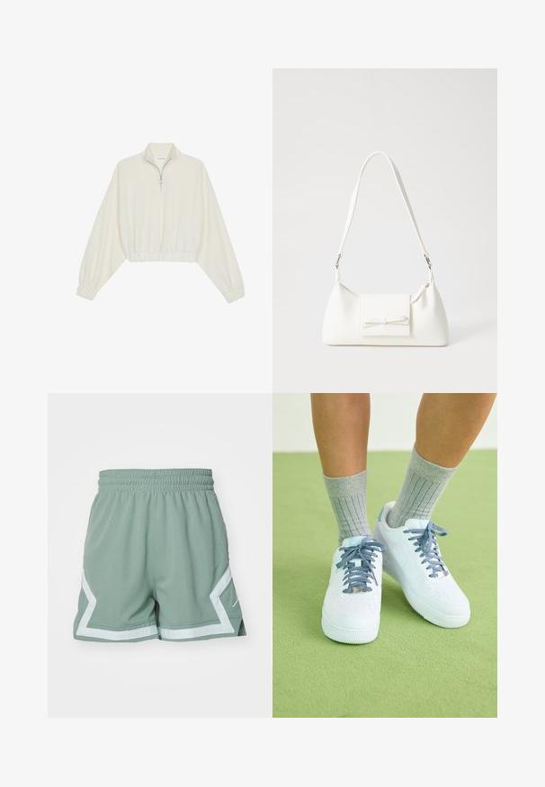 Geknipt pullover in crèmekleurige stof, met een hoge kraag, halve rits, elastische zoom en manchetten, met een soepele textuur en minimalistisch ontwerp.; Jordan SHORT - Korte broeken - jade smoke/barely green; Witte leren sneakers met blauwe accenten, geperforeerd teenontwerp en textuur van blauw-witte veters, gedragen met grijze geribbelde sokken.; Witte synthetische handtas met een driehoekige vorm, platte voorklep en strikdetail, verstelbare schouderriem, gladde textuur en minimalistisch ontwerp.