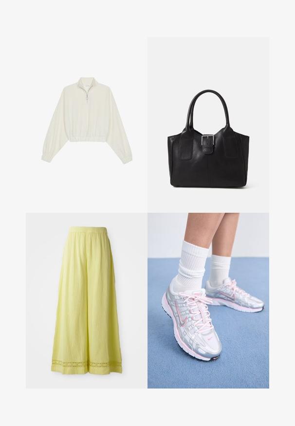 Kratka pulover v kremnem blagu, z visokim ovratnikom, pol-zadrgo, elastičnim robom in manšetami, z gladko teksturo in minimalističnim oblikovanjem.; Rumene hlače širokega kroja iz teksturirane tkanine z elastičnim pasom. Imajo detajl, podoben kvačkanju, na robu.; Nike tekaške čevlje z srebrno mrežasto zgornjico in rožnatimi poudarki, belimi vezalkami in teksturirano podplatom. Oblečeni so z belimi bombažnimi športnimi nogavicami.; Črna usnjena torba s gladko teksturo, strukturirano obliko, dvema ročkama in izrazitim srebrnim sponko na sprednji strani.