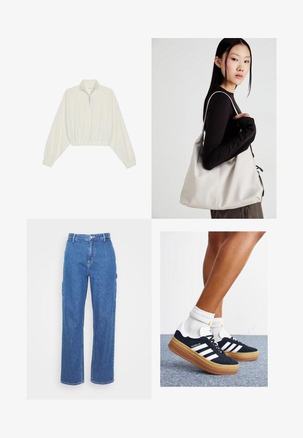Krém színű, rövidített pulóver, magas gallérral, félig cipzáros záródással, elasztikus derék- és ujjakrésszel, sima textúrával és minimalista dizájnnal.; Kék farmer áll magasított derekú nadrág, egyenes lábfej kialakítással, elülső gombos záródással és oldalsó zsebekkel. Simább textúra, látható minták nélkül.; Fekete velúr sportcipő fehér csíkokkal és díszítésekkel, lekerekített orral, gumitalpú külső résszel, fehér bordázott bokazoknival párosítva.; Puha anyagból készült bézs kézitáska, laza dizájnnal, varrott részletekkel és két vállpánttal. Mindennapi használatra alkalmas.