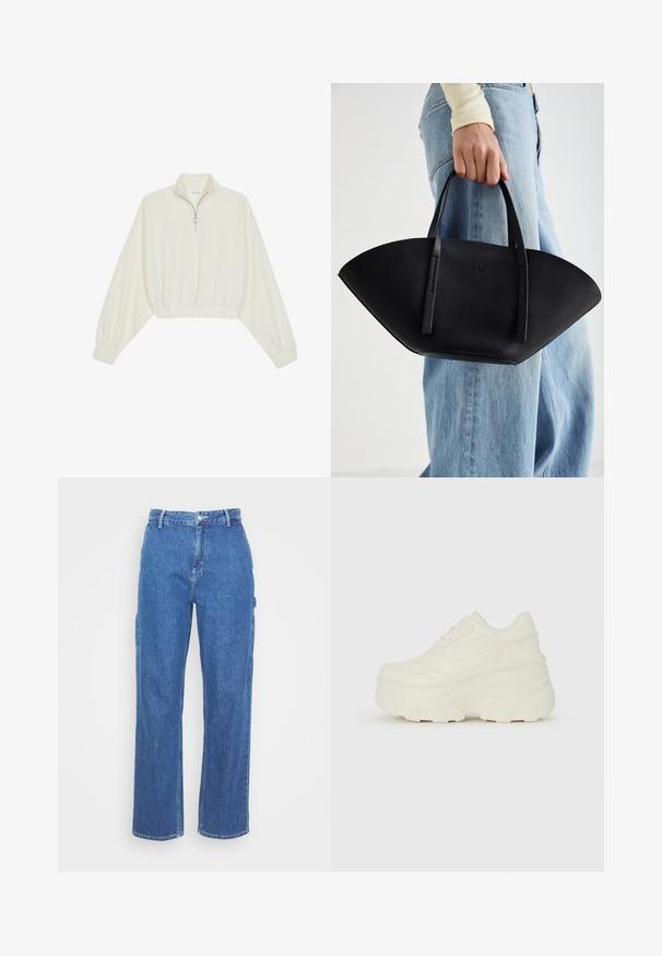 Krém színű, rövidített pulóver, magas gallérral, félig cipzáros záródással, elasztikus derék- és ujjakrésszel, sima textúrával és minimalista dizájnnal.; Kék farmer áll magasított derekú nadrág, egyenes lábfej kialakítással, elülső gombos záródással és oldalsó zsebekkel. Simább textúra, látható minták nélkül.; Fehér platform sportcipők, sima bőrszerű felsőrésszel, kerek formával, párnázott bokával és texturált gumitalppal, jól definiált mintázattal.; Fekete bőr kézitáska egyedi legyezőformával, lapos füllel. A felülete kőriszerű textúrájú és minimalista dizájnnal rendelkezik.