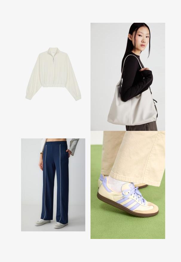 Geknipt pullover in crèmekleurige stof, met een hoge kraag, halve rits, elastische zoom en manchetten, met een soepele textuur en minimalistisch ontwerp.; Marineblauwe trainingsbroeken met een relaxte pasvorm, voorzien van witte zijpiping, elastische tailleband, zachte textuur en gestyled met witte sneakers.; Crème- en lavendel-sneakers met drie strepen en een gestructureerde bruine zool, voorzien van veters en een gewatteerde hiel. Zachte stoffen bovenkant.; Beige handtas gemaakt van zacht materiaal, met een slonzig ontwerp, gestikte details en twee schouderbanden. Geschikt voor dagelijks gebruik.
