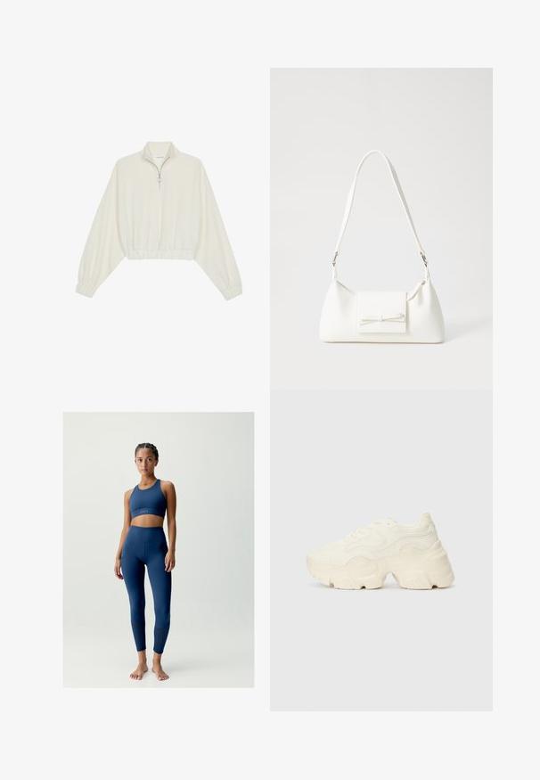 Zkrácený svetr z krémové látky, který má vysoký límec, poloviční zip, elastický spodní lem a manžety, hladkou texturu a minimalistický design.; Námořnická podprsenka a legíny z hladkého, elastického materiálu. Legíny mají texturované detaily u kotníků.; Chunky bílé tenisky vyrobené z texturované síťoviny a syntetických materiálů, s tlustou podrážkou a složitými vzorovými detaily podél stran.; Bílá syntetická kabelka v trojúhelníkovém tvaru, s plochým předním klopným víkem a detailem mašle, nastavitelným popruhem, hladkým povrchem a minimalistickým designem.