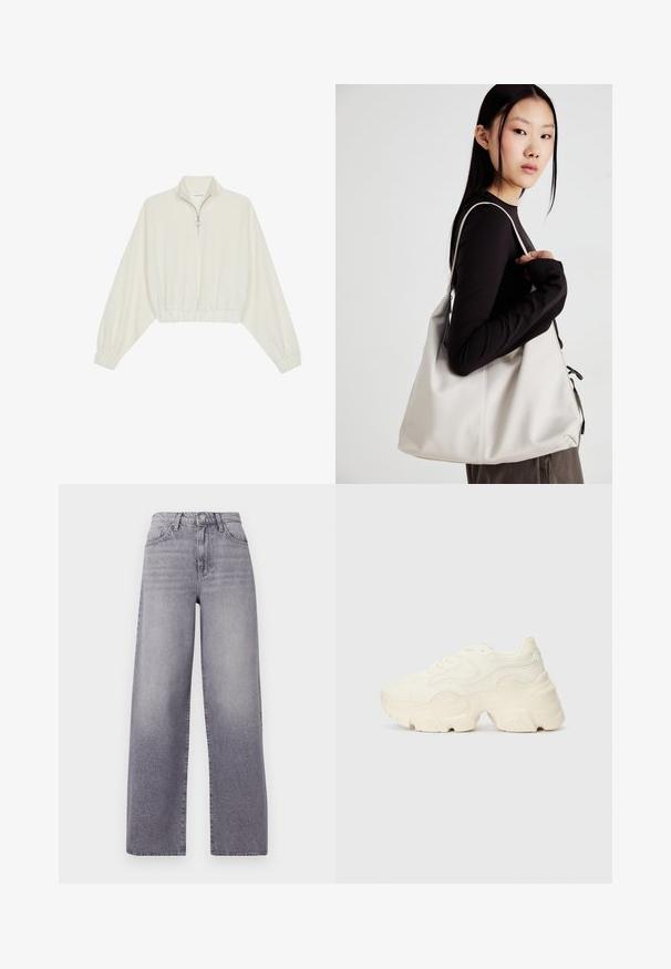 Lyhyt kerrosvaate vaaleasta kankaasta, jossa on korkea kaulus, puolivetoketjukiinnitys, joustavat helma ja hihansuut, tasainen pinta ja minimalistinen muotoilu.; Korkeavyötäröiset, leveäsääriset farkut vaaleanharmaasta denimistä. Ominaisuuksiin kuuluu klassinen viiden taskun muotoilu, hienovarainen haalistuminen ja metallinen nappisulku.; Paksut valkoiset lenkkarit, jotka on valmistettu teksturoidusta verkosta ja synteettisistä materiaaleista. Kenkäparissa on paksu pohja ja monimutkaisat kuviohuokoset sivuilla.; Beige laukku, joka on valmistettu pehmeästä materiaalista, ja siinä on rento muotoilu, ommeltu yksityiskohtia ja kaksi olkahihnaa. Sopii päivittäiseen käyttöön.