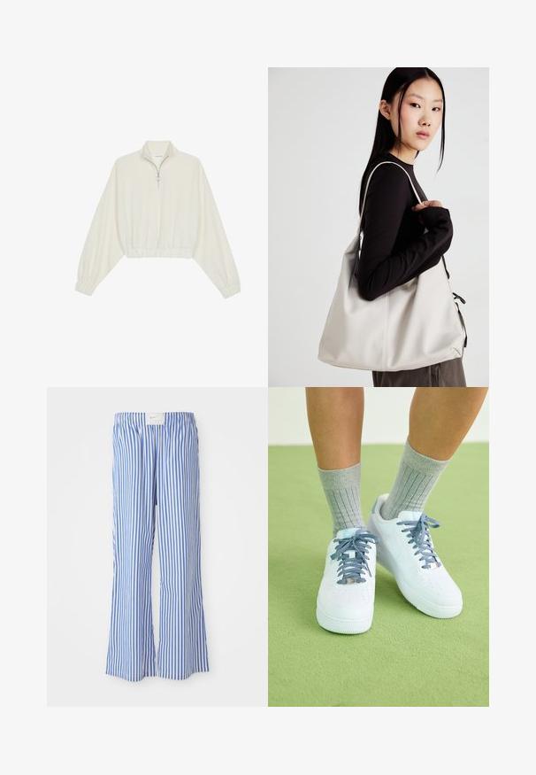 Krém színű, rövidített pulóver, magas gallérral, félig cipzáros záródással, elasztikus derék- és ujjakrésszel, sima textúrával és minimalista dizájnnal.; Kék és fehér csíkos, laza fazonú nadrág, könnyű anyagból készült, rugalmas derékpánttal és diszkrét logócímkével.; Fehér bőr sportcipő kék akcentusokkal, perforált orrdesignnal és texturált kék-fehér cipőfűzőkkel, szürke bordás zoknikkal viselve.; Puha anyagból készült bézs kézitáska, laza dizájnnal, varrott részletekkel és két vállpánttal. Mindennapi használatra alkalmas.