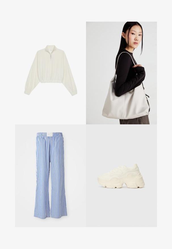 Kreemfarbenest lühikese varrukaga kudum, millel on kõrge kaelus, pool tõmblukk, elastne allosa ja varrukad, sile tekstuur ja minimaalne disain.; Sinise ja valge triibuline vabalt lõigatud püksid, valmistatud kergest kangast, millel on elastne vöökoht ja peen logo silt.; Paksud valged tennised, mis on valmistatud tekstureeritud võrgu- ja sünteetilistest materjalidest, pakuvad paksu tallaga ja keerukat mustrit külgedel.; Bež käekott pehme materjali, millel on lõtv disain, õmblustega detailid ja kaks õlarihma. Sobib igapäevaseks kasutamiseks.