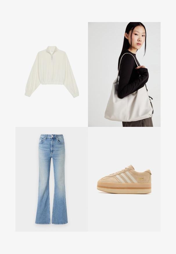 Kreminės spalvos trumpas megztinis, turintis aukštą apykaklę, pusiau užtrauktuką, elastinį apačią irRankovių kraštus, su lygiu paviršiumi ir minimalizuotu dizainu.; Šviesiai mėlyni plačios kojų džinsai, pagaminti iš džinsinio audinio, su aukštu liemeniu, penkių kišenių dizainu ir subtiliu gradientiniu blukimu link apačios.; Bežiniai zamsu šiuolaikiniai sportbačiai su baltais trimis dryžiais, apvaliu kojų pirštu ir bežine gumine padanga, su auksiniu logotipo akcentu šone.; Bežinė rankinė, pagaminta iš minkštos medžiagos, turinti laisvą dizainą, siuvinėtas detalės ir dvi petnešos. Tinkama kasdieniam naudojimui.