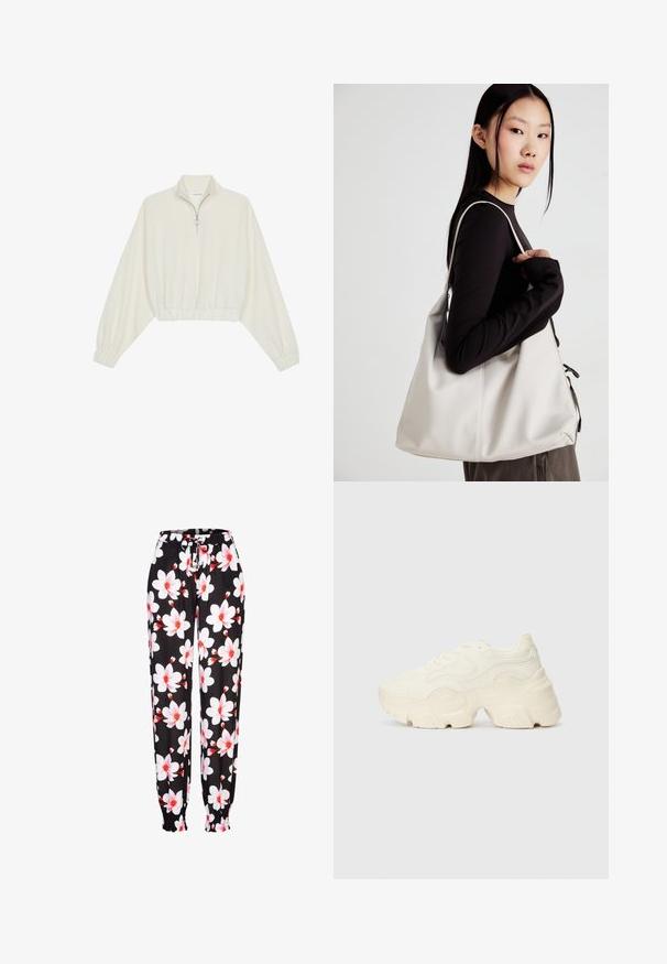 Kreminės spalvos trumpas megztinis, turintis aukštą apykaklę, pusiau užtrauktuką, elastinį apačią irRankovių kraštus, su lygiu paviršiumi ir minimalizuotu dizainu.; Juodi audiniai kelnės su baltu ir raudonu gėlių raštu, elastinga juosmens juosta su raišteliu ir susiraukšlėtomis rankovėmis. Lengvas medžiagos. ; Masyvios baltos sportbačiai, pagaminti iš tekstūruoto tinklelio ir sintetinių medžiagų, pasižymintys storu padu ir išsamiu raštų detalizavimu šonuose.; Bežinė rankinė, pagaminta iš minkštos medžiagos, turinti laisvą dizainą, siuvinėtas detalės ir dvi petnešos. Tinkama kasdieniam naudojimui.