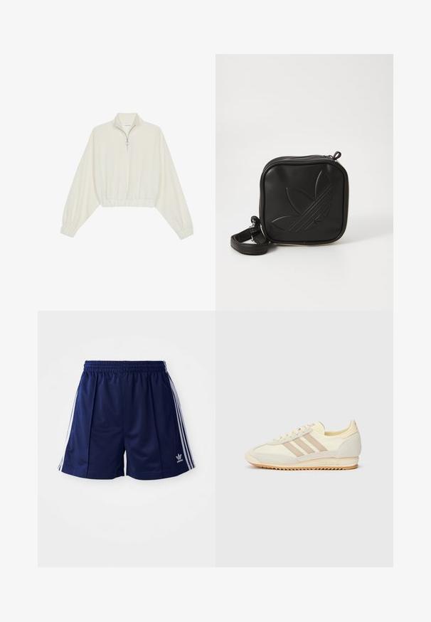 Zkrátený pulover z krémového materiálu, s vysokým golierom, polovičným zipsom, elastickým lemom a manžetami, s hladkou textúrou a minimalistickým dizajnom.; Námorné športové šortky vyrobené z ľahkého materiálu, s bielymi bočnými pruhmi a vyšívaným logom na dolnej ľavej strane. Elastický pás.; Krémové športové tenisky s tromi béžovými pruhmi, z kombinácie semišu a textilného materiálu, so štruktúrovanou podrážkou a reliéfne navrhnutým logom na päte.; Čierna štvorec krossbody taška vyrobená z textúrovaného syntetického materiálu. Obsahuje embosovanú logo úpravu a nastaviteľný popruh. Zapínanie na zips.