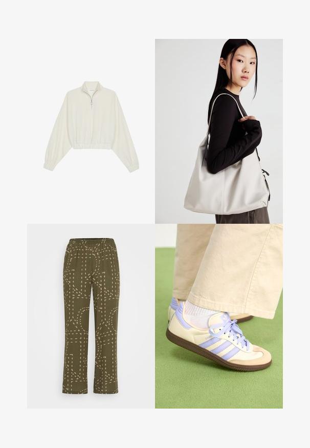 Zkrátený pulover z krémového materiálu, s vysokým golierom, polovičným zipsom, elastickým lemom a manžetami, s hladkou textúrou a minimalistickým dizajnom.; Olivové nohavice s mäkkou, tkanou textúrou, zdobené geometrickým béžovým pruhovaným vzorom. Elastický pás pre pohodlie a flexibilitu.; Krémovo-fialové tenisky so tromi pruhmi a štruktúrovanou hnedou podrážkou, s šnúrkami a polstrovaným opätkom. Mäkký textilný zvršok.; Béžová kabelka vyrobená z mäkkého materiálu, s uvoľneným dizajnom, prišitými detailmi a dvoma popruhmi na nosenie na pleciach. Vhodná na každodenné nosenie.