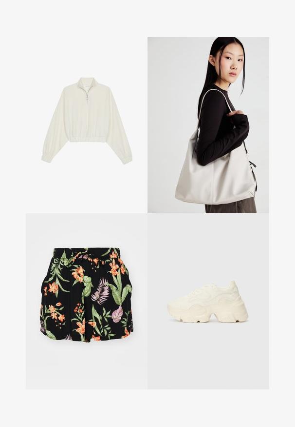 Zkrátený pulover z krémového materiálu, s vysokým golierom, polovičným zipsom, elastickým lemom a manžetami, s hladkou textúrou a minimalistickým dizajnom.; Čierne šortky s pestrofarebným kvetinovým vzorom, ktorý obsahuje oranžové a zelené prvky, elastický pás s šnúrkou a bočné vrecká.; Masívne biele tenisky vyrobené z texturovanej sieťoviny a syntetických materiálov, s hrubou podošvou a zložitými vzorovými detailmi na bokoch.; Béžová kabelka vyrobená z mäkkého materiálu, s uvoľneným dizajnom, prišitými detailmi a dvoma popruhmi na nosenie na pleciach. Vhodná na každodenné nosenie.