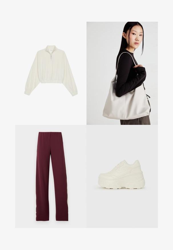 Pullover court en tissu crème, avec un col haut, fermeture éclair à mi-hauteur, ourlet et poignets élastiqués, offrant une texture lisse et un design minimaliste.; Pantalons de sport bordeaux avec une taille élastique, dotés d'une bande latérale verte olive contrastante, d'une coupe droite et d'une texture lisse.; Baskets plateformes blanches avec une tige en simili cuir lisse, une forme arrondie, un col rembourré et une semelle en caoutchouc texturé avec des crampons définis.; Sac à main beige en matériau souple, avec un design décontracté, des détails cousus et deux poignées. Idéal pour un usage quotidien.