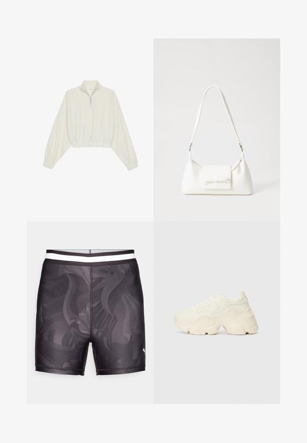 Skórzany pulower w kolorze kremowym, z wysokim kołnierzem, półzamkiem, elastycznym wykończeniem u dołu i mankietami, o gładkiej teksturze i minimalistycznym designie.; Czarne kąpielówki wykonane z gładkiego materiału, z subtelnym wzorem, dopasowanym krojem i kontrastującym białym elastycznym pasem.; Podeszwa chunky białych sneakersów wykonana z teksturowanej siateczki i materiałów syntetycznych, z grubą podeszwą i skomplikowanymi detalami wzoru po bokach.; Biała syntetyczna torba o trójkątnym kształcie, płaskim przednim klapce i detalach w postaci kokardy, regulowanym pasku, gładkiej fakturze oraz minimalistycznym designie.