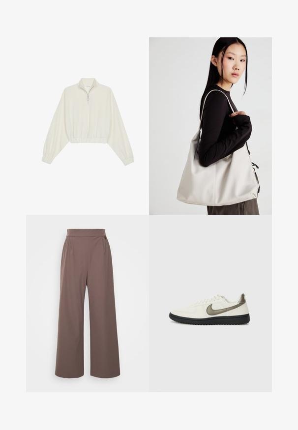 Kratka pulover v kremnem blagu, z visokim ovratnikom, pol-zadrgo, elastičnim robom in manšetami, z gladko teksturo in minimalističnim oblikovanjem.; Hlače širokih nogavic v umirjeni rjavi barvi, narejene iz gladkega blaga. Imajo visok pas in dve stranski žepi, kar zagotavlja udoben kroj.; Nike Sportswear FIELD GENERAL - Športni copati - off-white/black; Bežna torbica iz mehkega materiala, z ohlapno zasnovo, šivi in dvema naramnicama. Primerna za vsakodnevno uporabo.