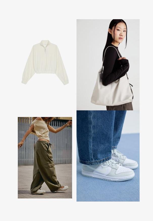 Pullover curto em tecido creme, apresentando um colarinho alto, fecho de meio zíper, bainha e punhos elásticos, com uma textura suave e design minimalista.; Calças cargo verde-azeitona com grandes bolsos, corte descontraído e cintura com cordão; combinadas com uma blusa listrada bege clara e sapatos brancos de deslizar.; Ténis Nike em couro branco e cinza claro com biqueira perfurada, atacadores planos e sola de borracha, combinados com calças de ganga azuis.; Uma bolsa bege feita de material macio, com um design descontraído, detalhes de costura e duas alças para o ombro. Adequada para uso diário.
