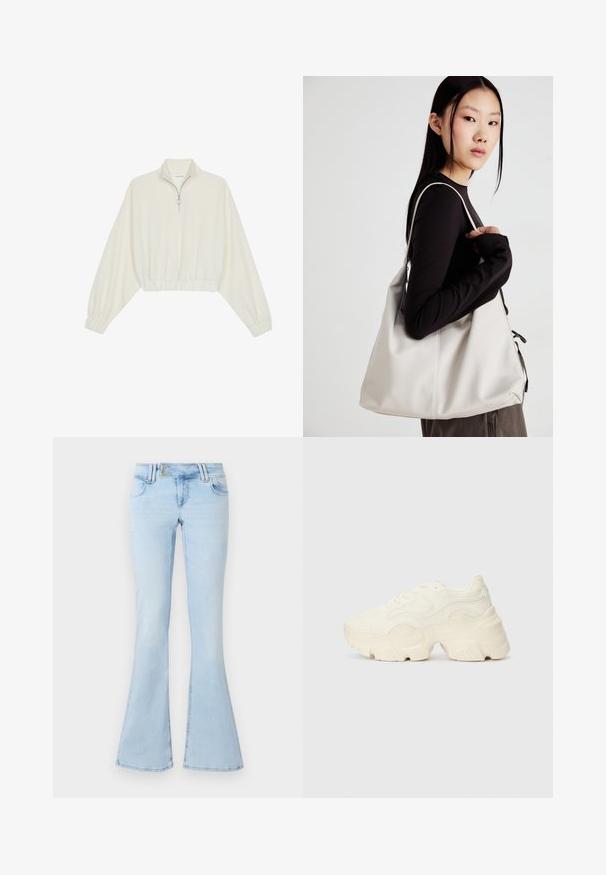 Zkrátený pulover z krémového materiálu, s vysokým golierom, polovičným zipsom, elastickým lemom a manžetami, s hladkou textúrou a minimalistickým dizajnom.; Svetlo modré rozšírené džínsy vyrobené z denimu. Obsahujú päť vreciek, metalový gombík na zapínanie a šitie podrobností pozdĺž švov a lemu.; Masívne biele tenisky vyrobené z texturovanej sieťoviny a syntetických materiálov, s hrubou podošvou a zložitými vzorovými detailmi na bokoch.; Béžová kabelka vyrobená z mäkkého materiálu, s uvoľneným dizajnom, prišitými detailmi a dvoma popruhmi na nosenie na pleciach. Vhodná na každodenné nosenie.
