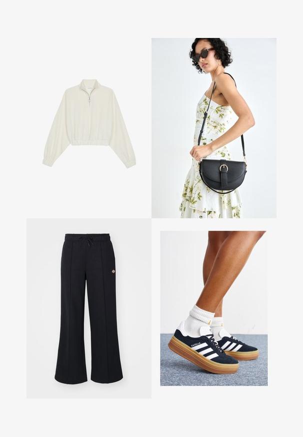 Kreminės spalvos trumpas megztinis, turintis aukštą apykaklę, pusiau užtrauktuką, elastinį apačią irRankovių kraštus, su lygiu paviršiumi ir minimalizuotu dizainu.; Juodos plataus kirpimo sportinės kelnės, pagamintos iš minkštos medžiagos, su raištelių juosmeniu ir maža logotipo etikete viršutiniame kairiajame kampėje.; Juodi zomšiniai sportbačiai su baltais dryžiais ir akcentais, apvalios nosies, guminio, gumos pado, derinami su baltais raitytais vidutinio ilgio kojinaitėmis.; Juodas odinis krepšys su išlenkta forma, nuimamu dirželiu ir auksiniais detalėmis. Krepšys turi kilpą su sagtimi.