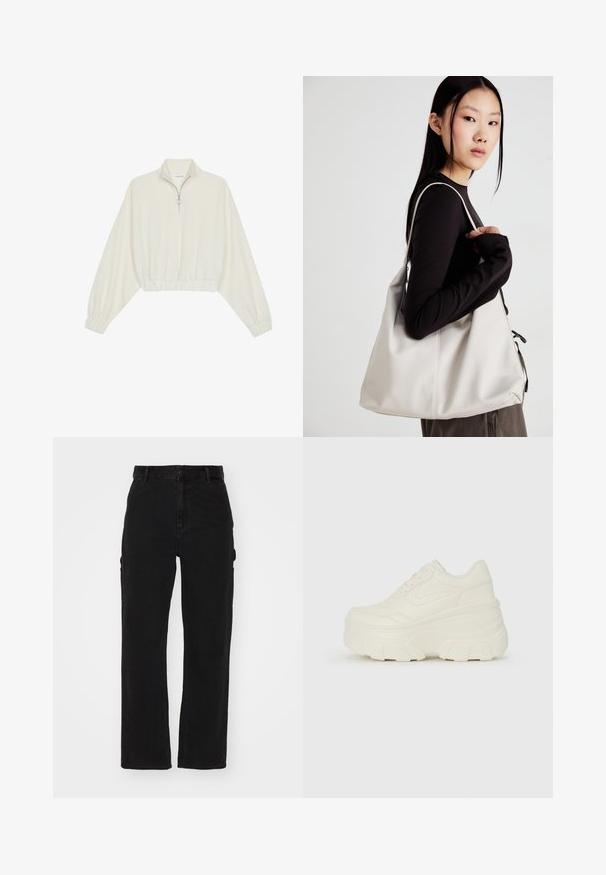Zkrátený pulover z krémového materiálu, s vysokým golierom, polovičným zipsom, elastickým lemom a manžetami, s hladkou textúrou a minimalistickým dizajnom.; Čierne cargo nohavice z denimu, s rovnými nohavicami, bočnými vreckami a zapínaním na gombík v páse.; Biele platformové tenisky s hladkým koženkovým svrchným materiálom, zaobleným tvarom, polstrovaným golierom a textúrovanou gumovou podrážkou s výrazným vzorom.; Béžová kabelka vyrobená z mäkkého materiálu, s uvoľneným dizajnom, prišitými detailmi a dvoma popruhmi na nosenie na pleciach. Vhodná na každodenné nosenie.