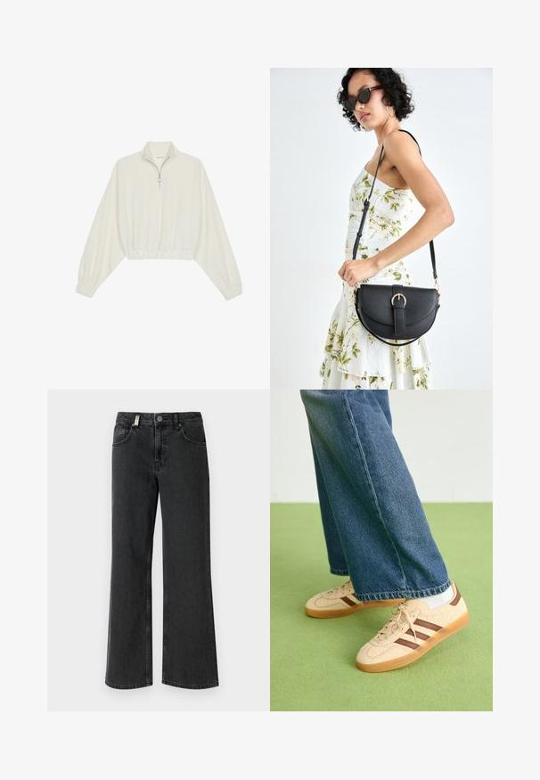 Kort genser i kremfarget stoff, med høy krage, halv glidelås, elastisk nederste kant og mansjetter, med en glatt tekstur og minimalistisk design.; Sorte denim vide benbukser med middels høy midje, to frontlommer og kontrastsying på en glatt tekstur.; Beige joggesko med teksturerte kremfargede paneler og brune striper, parret med blå denimjeans. Jeansene har vid ben og frynsete kant.; Svart lærveske med en buet form, avtagbar stropp og gullbeslag. Vesken har et klaff med spenne-detall.