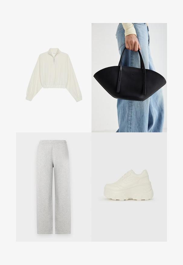 Avkortad tröja i krämfärgad tyg, med hög krage, halvdragkedja, elastisk nederkant och ärmar, med en slät yta och minimalistisk design.; Grå, mjukt tyg sweatpants med en avslappnad passform, elastisk midja och raka ben. Inga synliga fickor eller ytterligare dekorationer.; Vita plattformssneakers med en slät läderliknande överdel, rundad form, vadderad krage och texturerad gummisula med definierade mönster.; Svart läderhandväska med en unik fläktform, som har platta handtag. Ytan har en pebblad textur och en minimalistisk design.