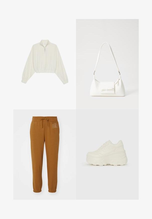 Kort genser i kremfarget stoff, med høy krage, halv glidelås, elastisk nederste kant og mansjetter, med en glatt tekstur og minimalistisk design.; GAP HERITAGE JOGGER - Joggebukse - palomino brown global; Hvite plattformsnickers med en glatt læraktig overdel, avrundet form, polstret krage og teksturert gummisåle med tydelige dekk.; Hvit syntetisk håndveske med trekantet form, flat klaff foran og sløyfe detaljer, justerbar stropp, glatt tekstur og minimalistisk design.