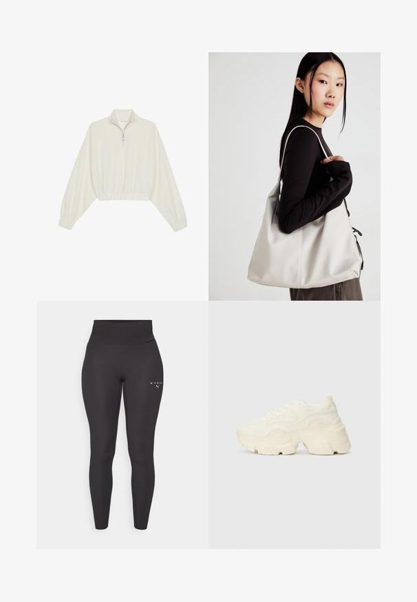 Gerippter Pullover aus cremefarbener Baumwolle mit hohem Kragen, halbem Reißverschluss, elastischen Säumen und Bündchen, glatter Textur und minimalistischem Design.; Schwarze Sportleggings aus dehnbarem Material mit hohem Bund und dezentem Logodetailing am linken Bein. Glatte Textur.; Flockige weiße Sneaker aus strukturiertem Mesh und synthetischen Materialien, mit einer dicken Sohle und komplizierten Mustern entlang der Seiten.; Beige Handtasche aus weichem Material, mit einem lässigen Design, gesteppten Details und zwei Schulterriemen. Geeignet für den täglichen Gebrauch.