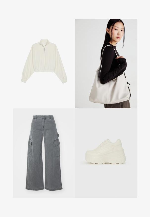 Krém színű, rövidített pulóver, magas gallérral, félig cipzáros záródással, elasztikus derék- és ujjakrésszel, sima textúrával és minimalista dizájnnal.; Szürke, bőszárú vászon cargo nadrág, két oldalsó cargo zsebbel és magas derékkal, sima, kissé texturált felülettel.; Fehér platform sportcipők, sima bőrszerű felsőrésszel, kerek formával, párnázott bokával és texturált gumitalppal, jól definiált mintázattal.; Puha anyagból készült bézs kézitáska, laza dizájnnal, varrott részletekkel és két vállpánttal. Mindennapi használatra alkalmas.