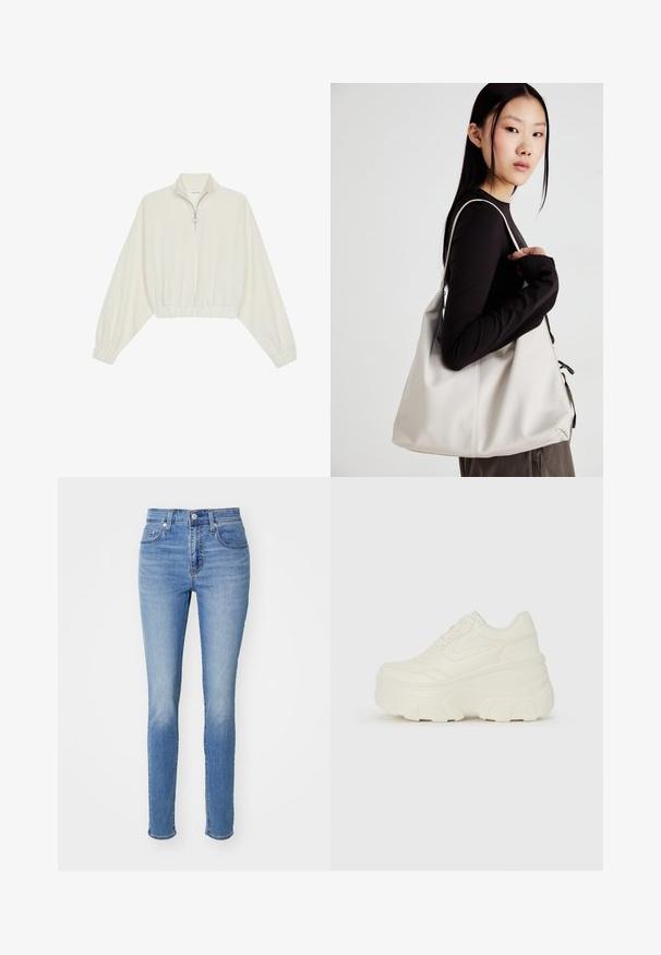 Krém színű, rövidített pulóver, magas gallérral, félig cipzáros záródással, elasztikus derék- és ujjakrésszel, sima textúrával és minimalista dizájnnal.; Világoskék farmernadrág, magas derekú kialakítással, slim fit szabással, öt zsebes stílusban, és finoman megfakult felülettel a combokon.; Fehér platform sportcipők, sima bőrszerű felsőrésszel, kerek formával, párnázott bokával és texturált gumitalppal, jól definiált mintázattal.; Puha anyagból készült bézs kézitáska, laza dizájnnal, varrott részletekkel és két vállpánttal. Mindennapi használatra alkalmas.