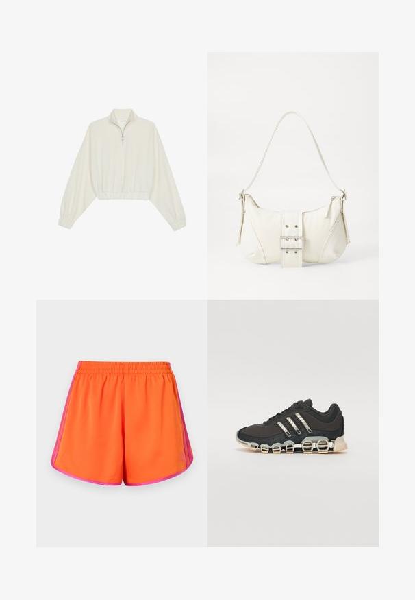 Kreptais pusītes džemperis krēmkrāsā, ar augstu apkakli, puszipa aizdari, elastīgu apakšmalu un aprocēm, ar gludu tekstūru un minimālistisku dizainu.; Spilgti oranži sporta šorti ar elastīgu jostasvietu, ar rozā sānu svītrām un gludu, vieglu auduma apdari.; Melna sporta apavi ar teksturētu augšdaļu, trim sudraba svītrām un atšķirīgu amortizācijas zoli, kas sastāv no vairākiem integrētiem sekvencēm.; Balts plecu soma ar teksturētu apdari, centrālu sprādzi un izliekta forma. Ražota ar rāvējslēdzēja aizdares abās pusēs.