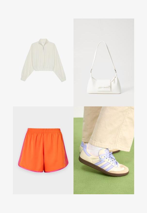 Cropped pullover in cream fabric, featuring a high collar, half-zip closure, elasticated hem and cuffs, with a smooth texture and minimal design.; Bright orange athletic shorts with a stretchy waistband, featuring pink side stripes and a smooth, lightweight fabric finish.; Cream and lavender sneakers with three stripes and a textured brown sole, featuring laces and a padded heel. Soft fabric upper.; White synthetic handbag with a triangular shape, flat front flap and bow detail, adjustable strap, smooth texture, and minimalistic design.