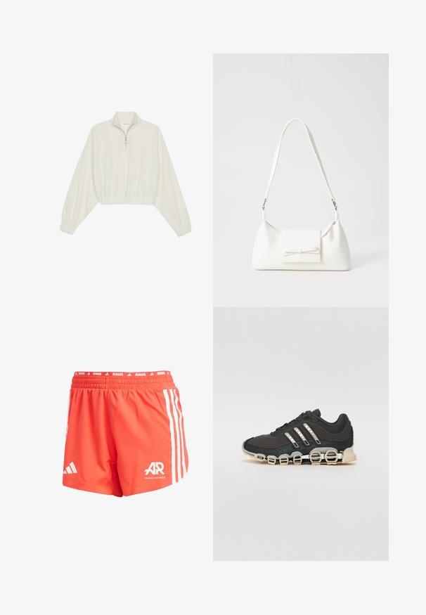 Gerippter Pullover aus cremefarbener Baumwolle mit hohem Kragen, halbem Reißverschluss, elastischen Säumen und Bündchen, glatter Textur und minimalistischem Design.; Adidas Laufshorts in leuchtendem Orange, aus leichtem Stoff, mit weißen Streifen an den Seiten, elastischem Bund und Logodetail.; Schwarzer Sportschuh mit einer strukturierten Oberseite, drei silbernen Streifen und einer markanten Dämpfungssohle mit mehreren integrierten Sektionen.; Weiße synthetische Handtasche in dreieckiger Form, flache Vorderklappe und Schleifendetail, verstellbarer Trageriemen, glatte Textur und minimalistisches Design.