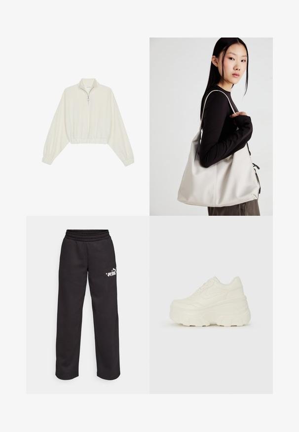 Pullover court en tissu crème, avec un col haut, fermeture éclair à mi-hauteur, ourlet et poignets élastiqués, offrant une texture lisse et un design minimaliste.; Pantalon de survêtement noir en tissu doux, avec une taille élastique, des jambes droites et un logo blanc imprimé sur le devant.; Baskets plateformes blanches avec une tige en simili cuir lisse, une forme arrondie, un col rembourré et une semelle en caoutchouc texturé avec des crampons définis.; Sac à main beige en matériau souple, avec un design décontracté, des détails cousus et deux poignées. Idéal pour un usage quotidien.