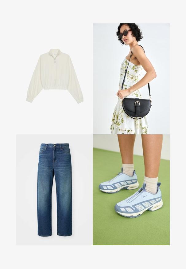 Kreemfarbenest lühikese varrukaga kudum, millel on kõrge kaelus, pool tõmblukk, elastne allosa ja varrukad, sile tekstuur ja minimaalne disain.; Sinised teksapüksid, laia jala disain, keskmise kõrgusega vöökoht, kerge kulumine, viie tasku stiil, nööp ja lukuga kinnitamine, sirge äär.; Heledad sinised spordijalatsid valgete detailidega, tekstuuriga paneelid ja tõmblukk. Omab nähtavat õhuklotsiga tallat ja kummist välispinda.; Mustmust mustraha kõverate joontega, eemaldatava rihmaga ja kuldsete detailidega. Kotil on klapp, millel on pandladetail.