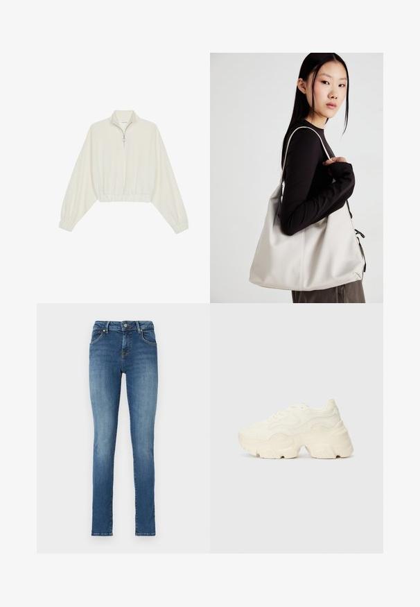 Krém színű, rövidített pulóver, magas gallérral, félig cipzáros záródással, elasztikus derék- és ujjakrésszel, sima textúrával és minimalista dizájnnal.; Középkék mosású, enyhén fakó farmerből készült skinny farmernadrág. Öt zsebbel és fémből készült gombos zárással rendelkezik.; Tömbös fehér sneakers, amely texturált hálóból és szintetikus anyagokból készült, vastag talppal és bonyolult mintázattal az oldalakon.; Puha anyagból készült bézs kézitáska, laza dizájnnal, varrott részletekkel és két vállpánttal. Mindennapi használatra alkalmas.