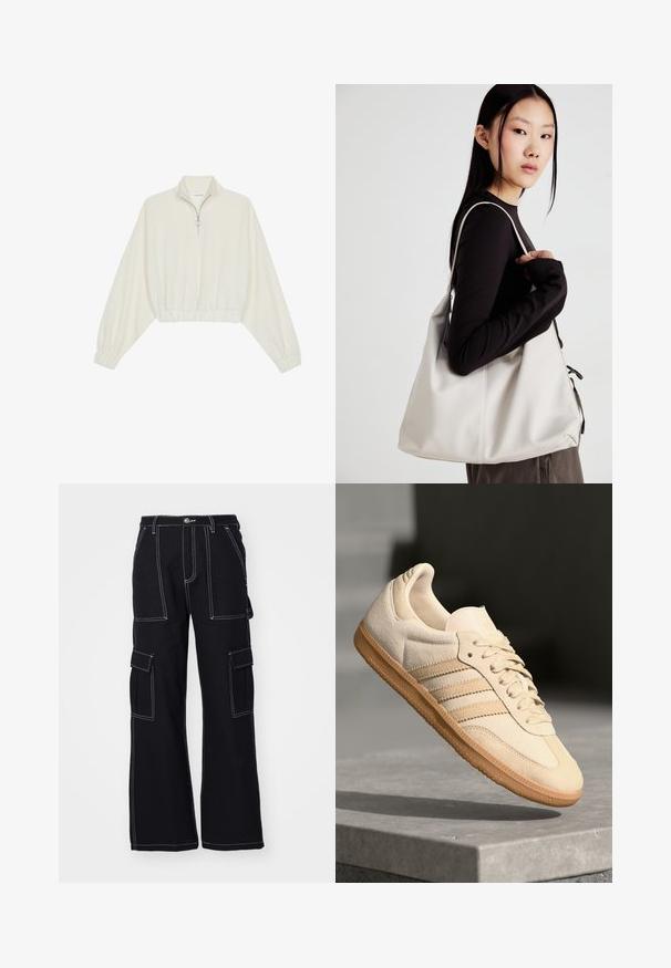 Kort genser i kremfarget stoff, med høy krage, halv glidelås, elastisk nederste kant og mansjetter, med en glatt tekstur og minimalistisk design.; Santa Cruz WORKERS PANT - Cargobukse - black/white; Lys beige suedette sneakers med gummisåle, tre diagonale striper og en teksturert tåhette. Har logo på tungen og siden.; Beige håndveske laget av mykt materiale, med en slapp design, sydd detaljer og to skulderstropper. Passer for daglig bruk.