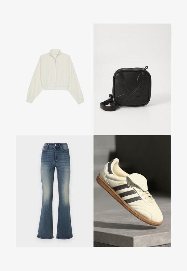 Avkortad tröja i krämfärgad tyg, med hög krage, halvdragkedja, elastisk nederkant och ärmar, med en slät yta och minimalistisk design.; Uppsvängda blå jeans i denim med hög midja, lätt blekning och rak design från höften till knäet, som svänger ut vid fållen.; Krämfärgad lädersneaker med tre mörka ränder, en brun gummisula och rundad tå. Har en vikbar tunga märkt "SAMBA."; Svart fyrkantig crossbody-väska i texturerat syntetmaterial. Har en präglad logodesign och justerbar rem. Dragkedjestängning.